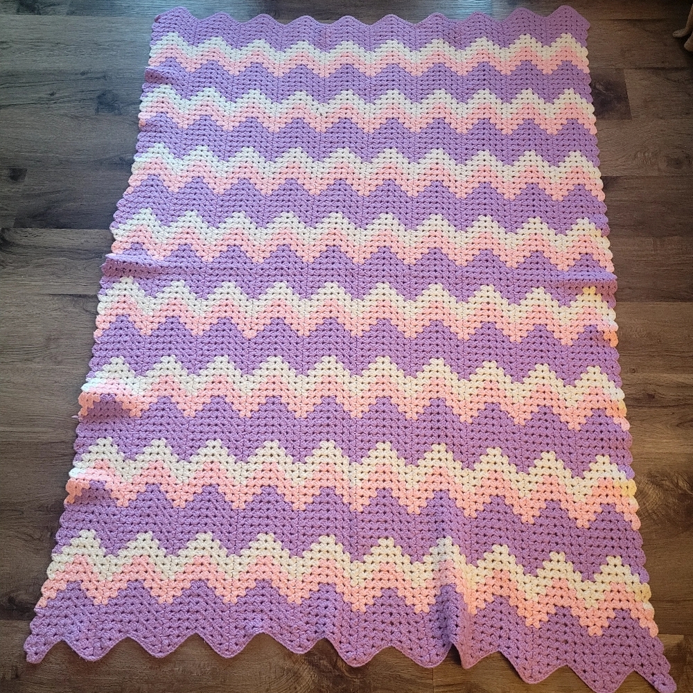 Handmade Lavender & Pink Chevron Crochet Throw Blanket - Unbranded